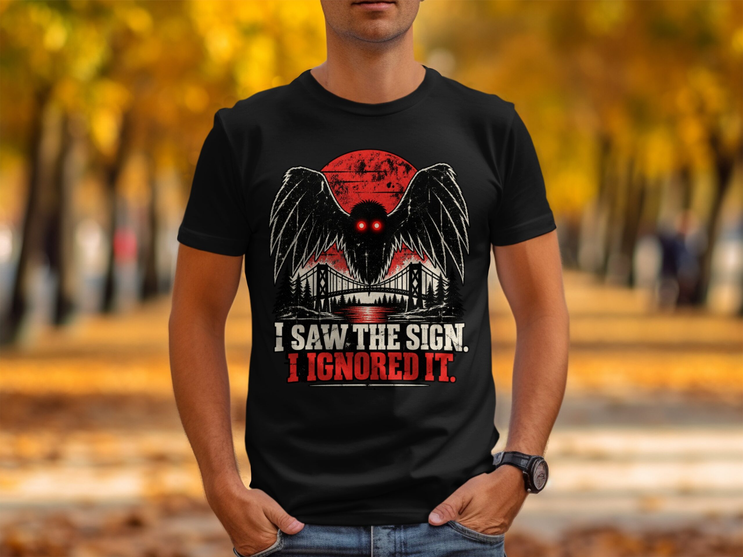 Mothman T-Shirt Funny Cryptid Graphic Tee, Retro Vintage Horror Shirt, I Saw The Sign Paranormal Dark Humor Streetwear Gift - Image 4