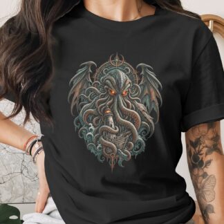 Cthulhu Mythos T-Shirt | Lovecraftian Eldritch Horror Kraken Tee with Lighthouse & Shipwreck | Dark Fantasy Gothic Apparel