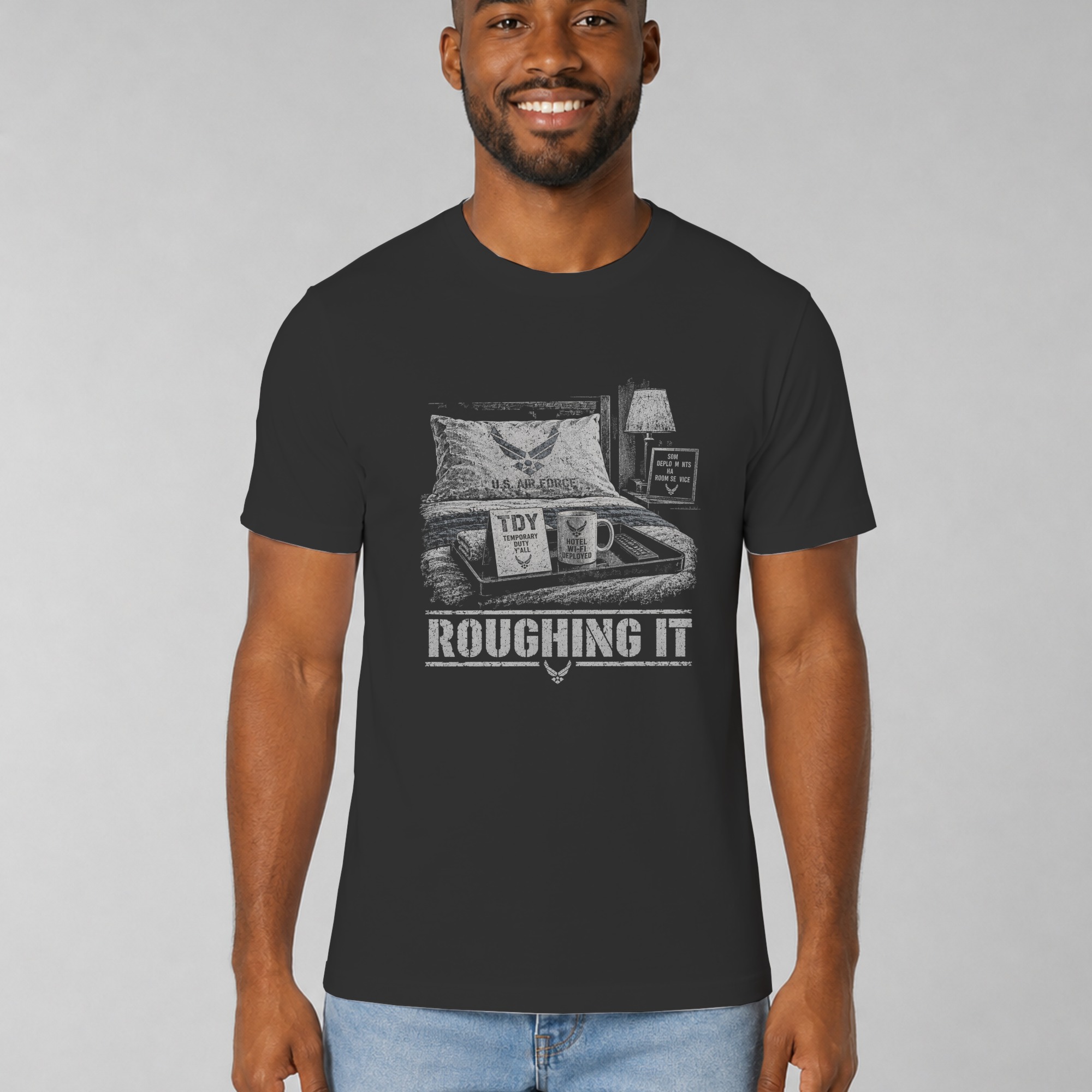 Funny Air Force T-Shirt, Military Humor Roughing It TDY Joke Graphic Tee, Sarcastic Airman Veteran Gift, Aviation Chair Force Shirt - Image 5