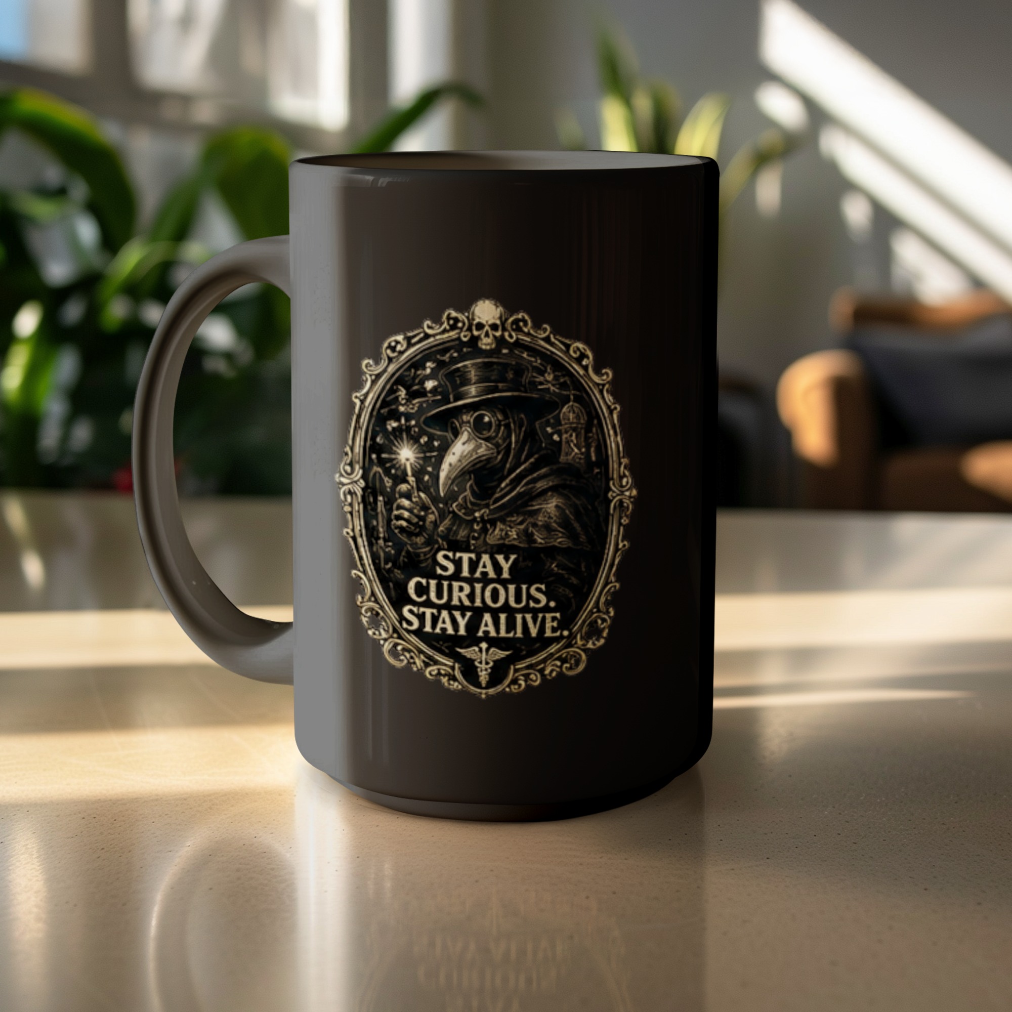 Plague Doctor Stay Curious Stay Alive Mug, Dark Academia Gothic Coffee Cup, Unique Witchy Gift for Him Her - Image 4
