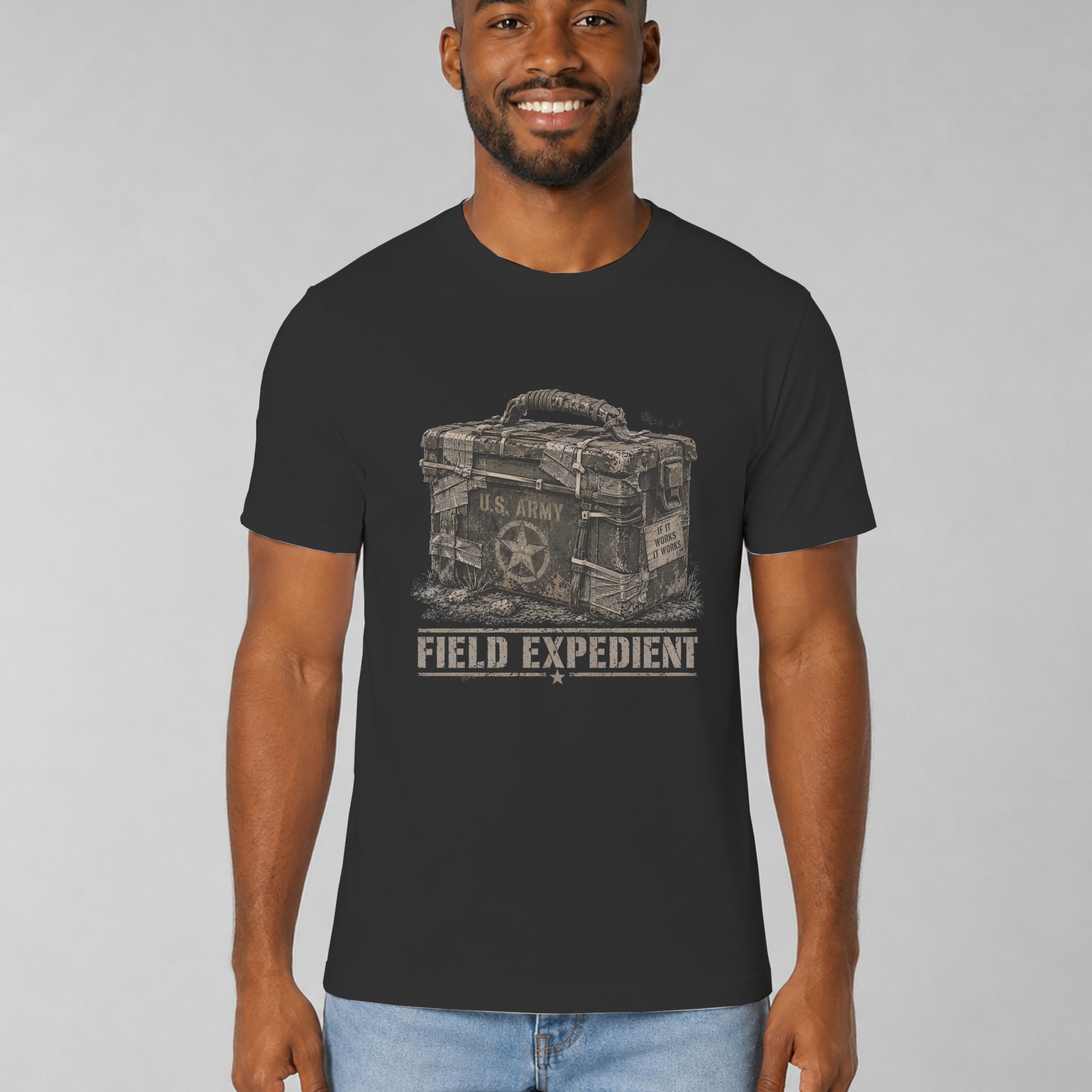 Field Expedient T-Shirt, Funny Military Ammo Box Graphic Tee, Army Veteran Humor Shirt, Vintage Tactical Mechanic Gift for Him, Grunt Tee - Image 5