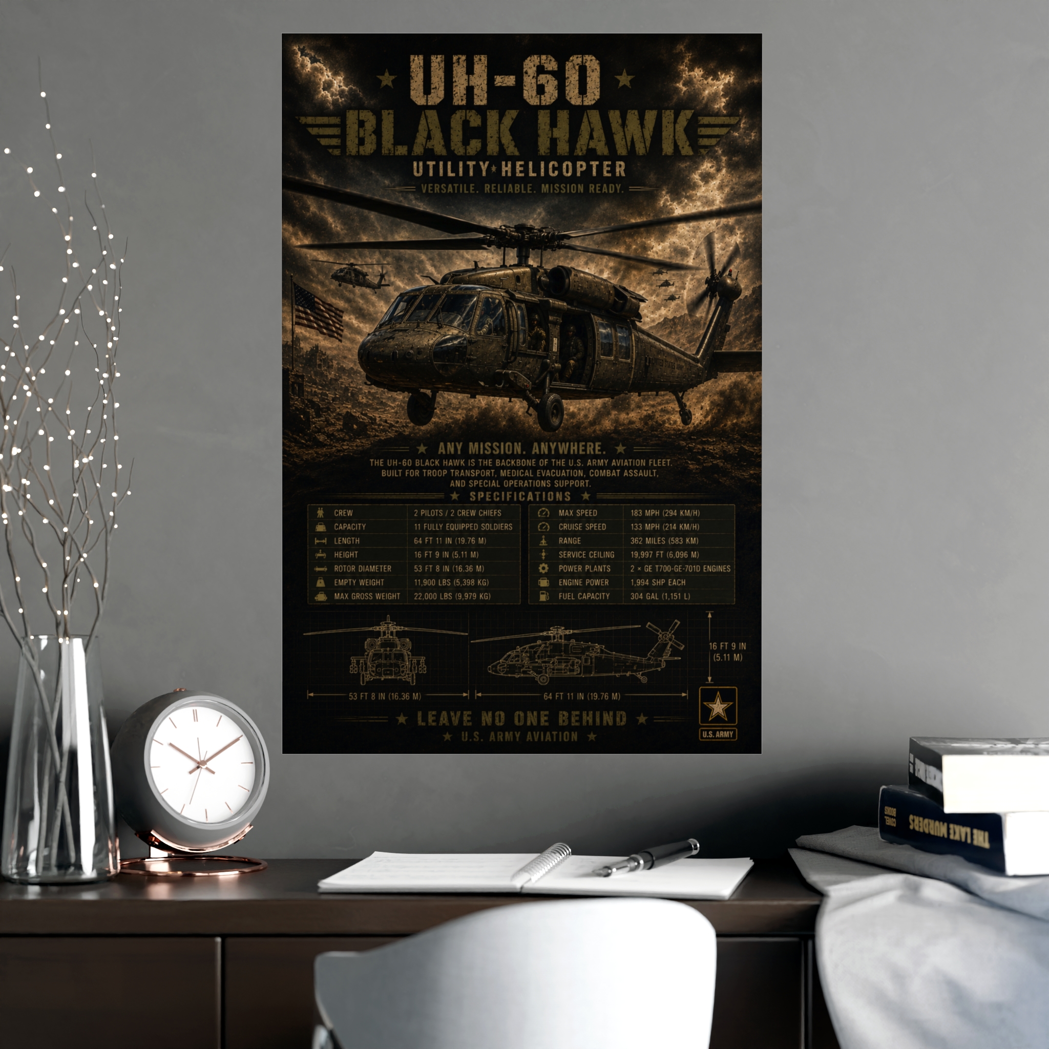 UH-60 Black Hawk Helicopter Poster | Military Aviation Art Print | Army Specifications Wall Decor | Tactical Gift For Him - Image 2