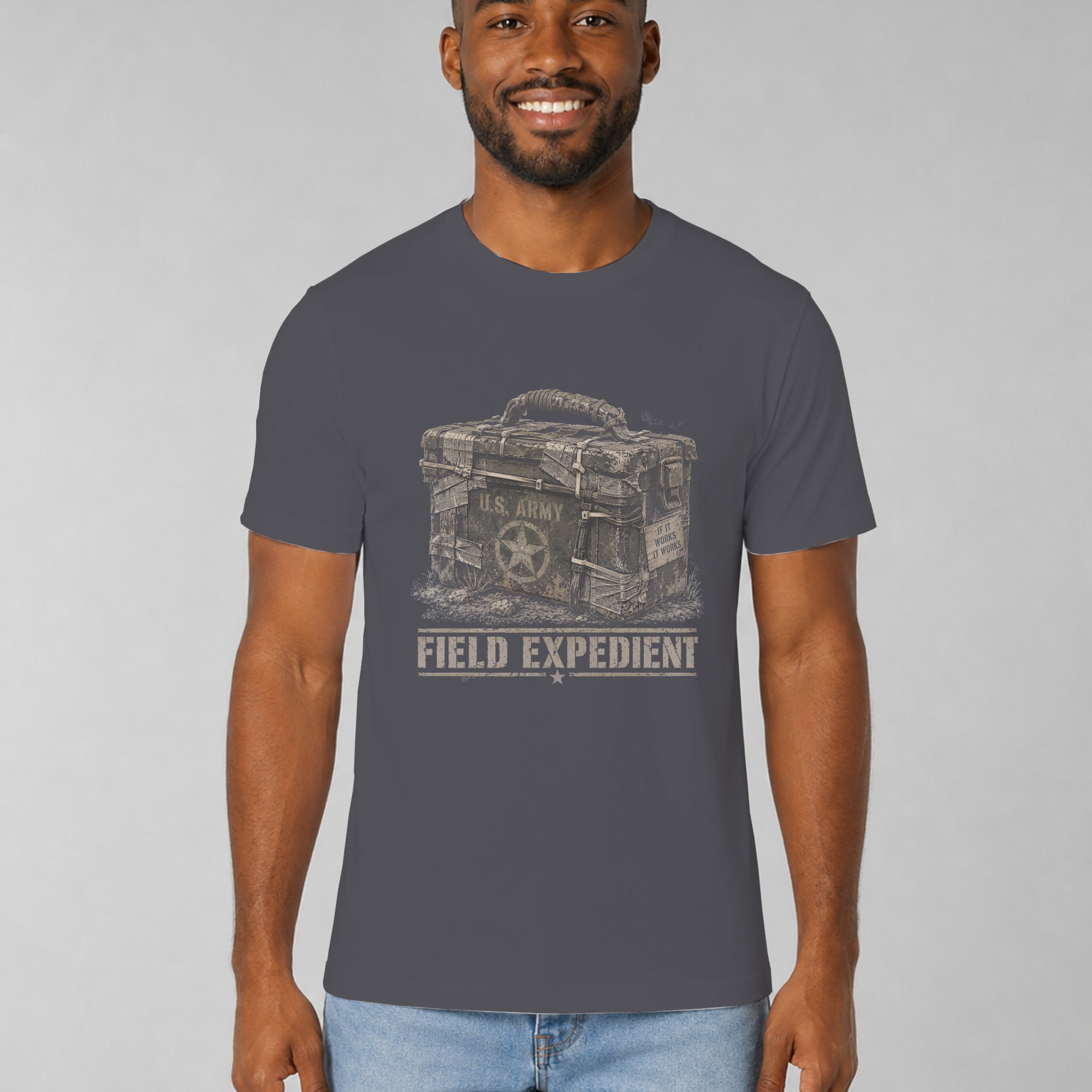Field Expedient T-Shirt, Funny Military Ammo Box Graphic Tee, Army Veteran Humor Shirt, Vintage Tactical Mechanic Gift for Him, Grunt Tee - Image 12