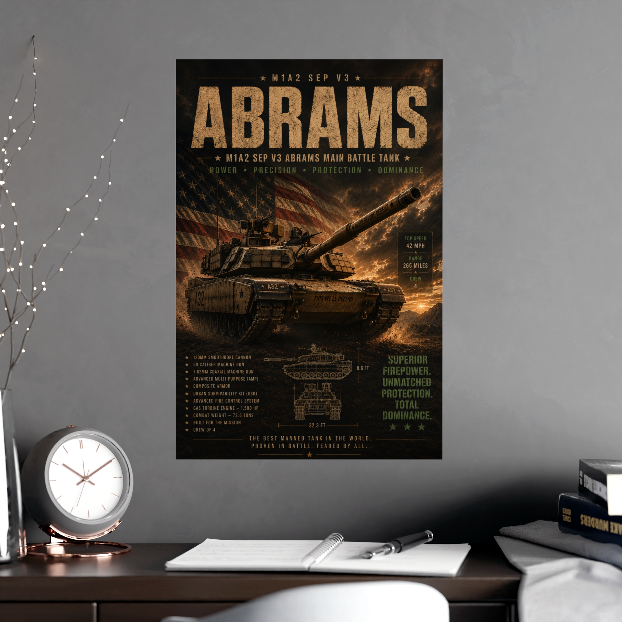 M1A2 Abrams Main Battle Tank Poster, US Army Military Vehicle Art Print, Patriotic Wall Decor, Veteran Gift Idea, Modern Warfare Tech Specs - Image 4
