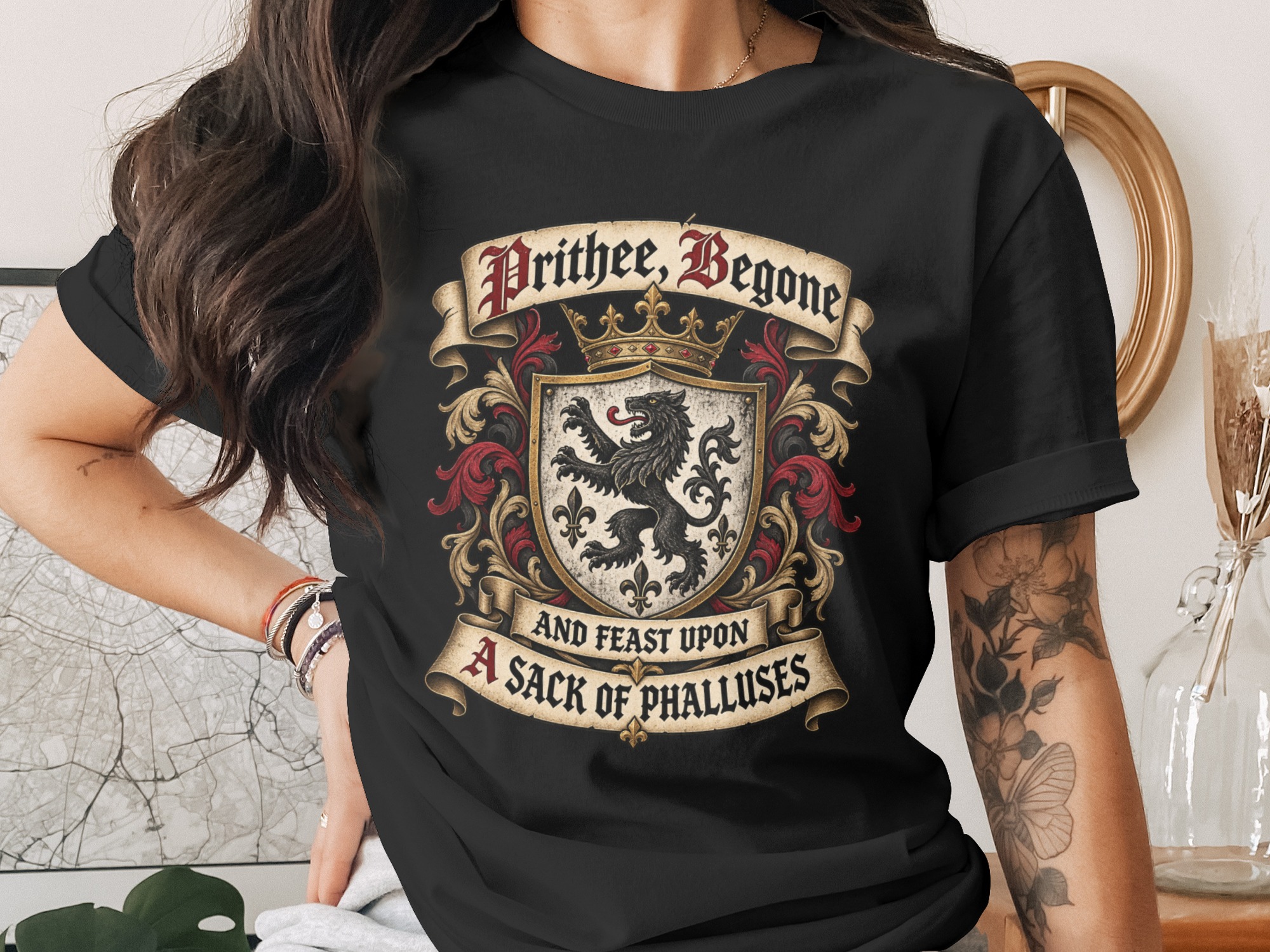 Prithee Begone Shirt Medieval Heraldry Graphic Tee Funny Renaissance Faire Shirt Sarcastic Humor Coat of Arms T-Shirt Gag Gift For Friend - Image 2