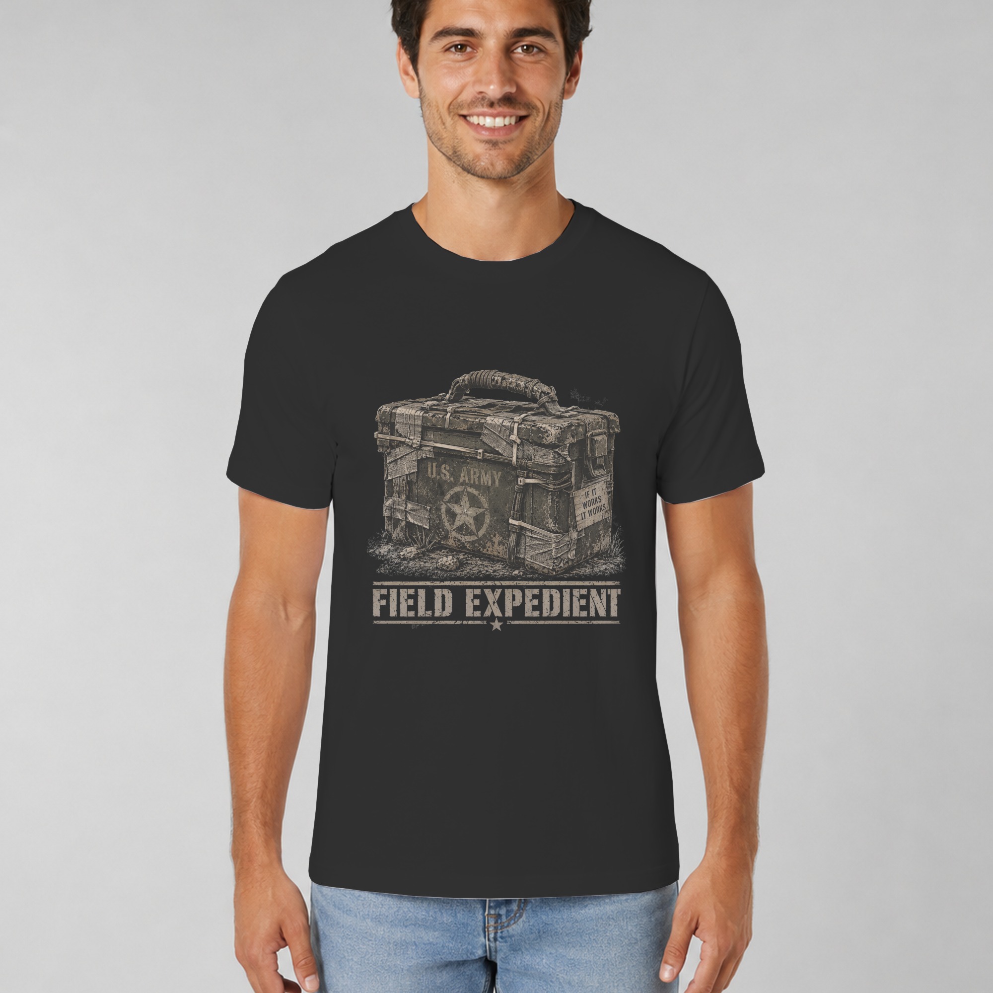Field Expedient T-Shirt, Funny Military Ammo Box Graphic Tee, Army Veteran Humor Shirt, Vintage Tactical Mechanic Gift for Him, Grunt Tee - Image 4