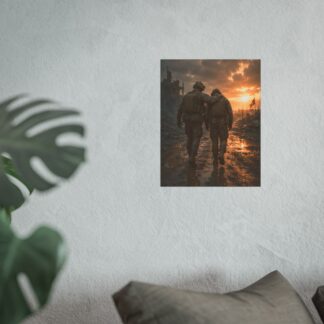 Military Brotherhood Art Print, Soldier Support Wall Decor, Veterans Day Remembrance Poster, Heroic Combat Sunset Scene Gift for Him