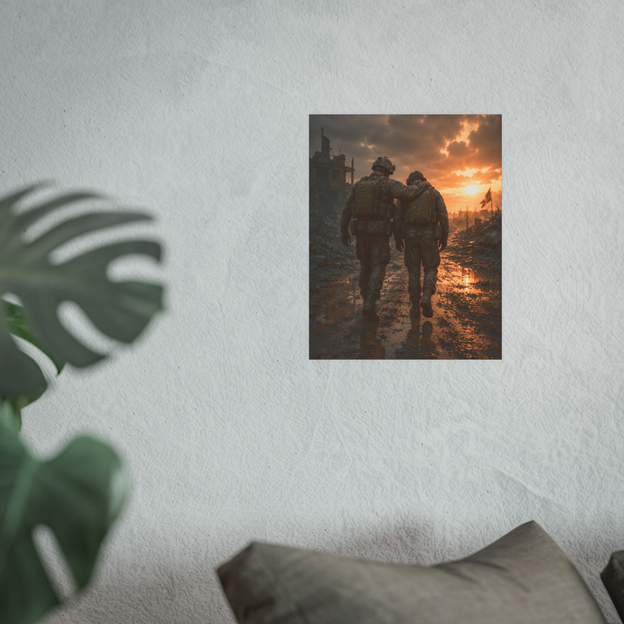 Military Brotherhood Art Print, Soldier Support Wall Decor, Veterans Day Remembrance Poster, Heroic Combat Sunset Scene Gift for Him