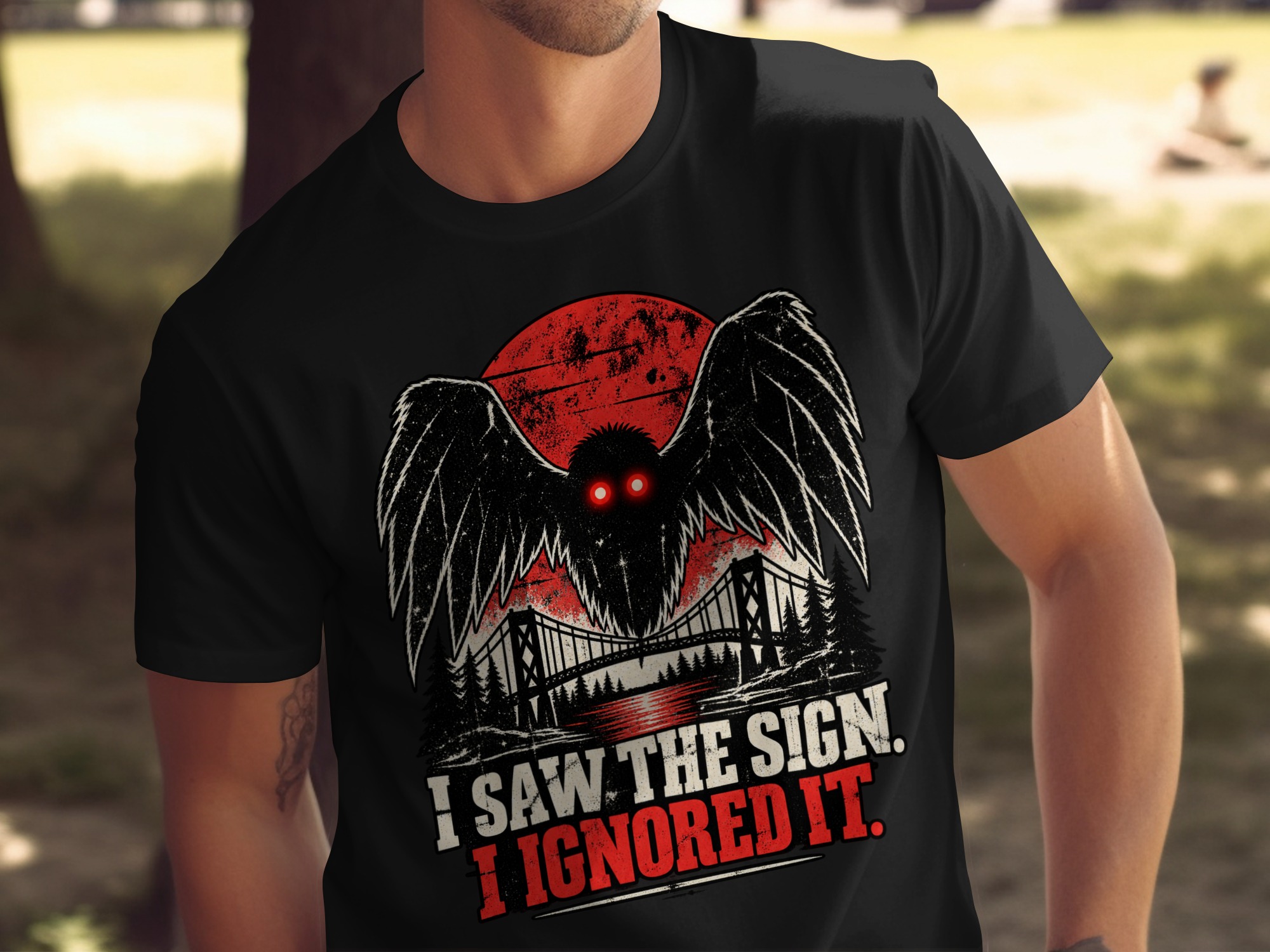 Mothman T-Shirt Funny Cryptid Graphic Tee, Retro Vintage Horror Shirt, I Saw The Sign Paranormal Dark Humor Streetwear Gift - Image 2