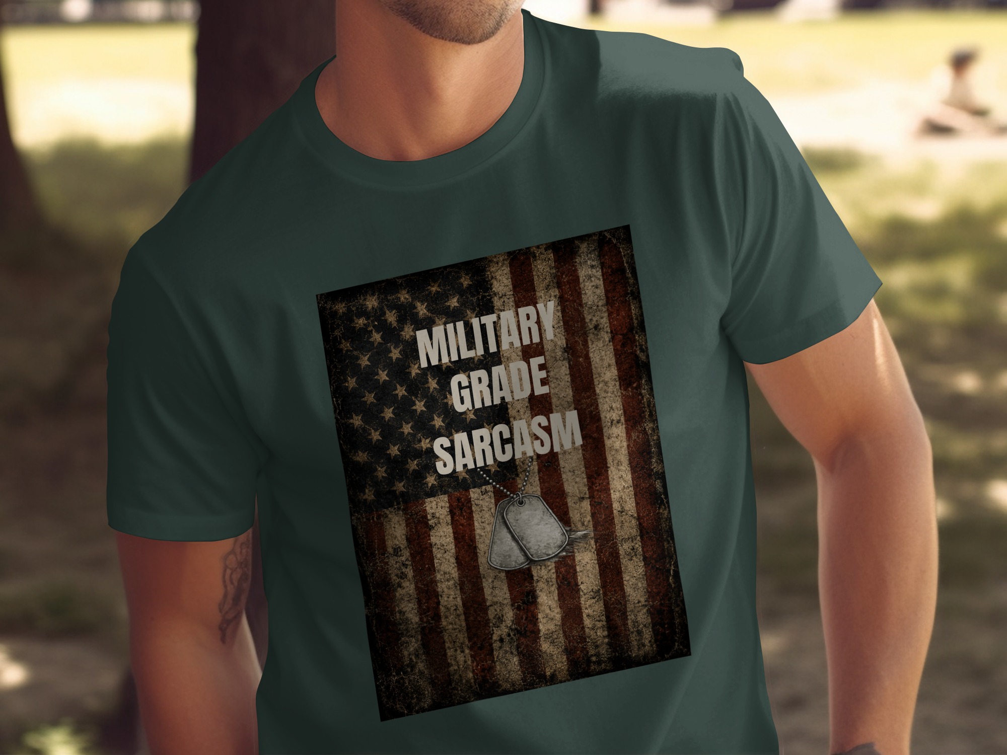 Military Grade Sarcasm T-Shirt, Distressed American Flag Veteran Gift, Patriotic Funny Tee with Faux Dog Tags - Image 4