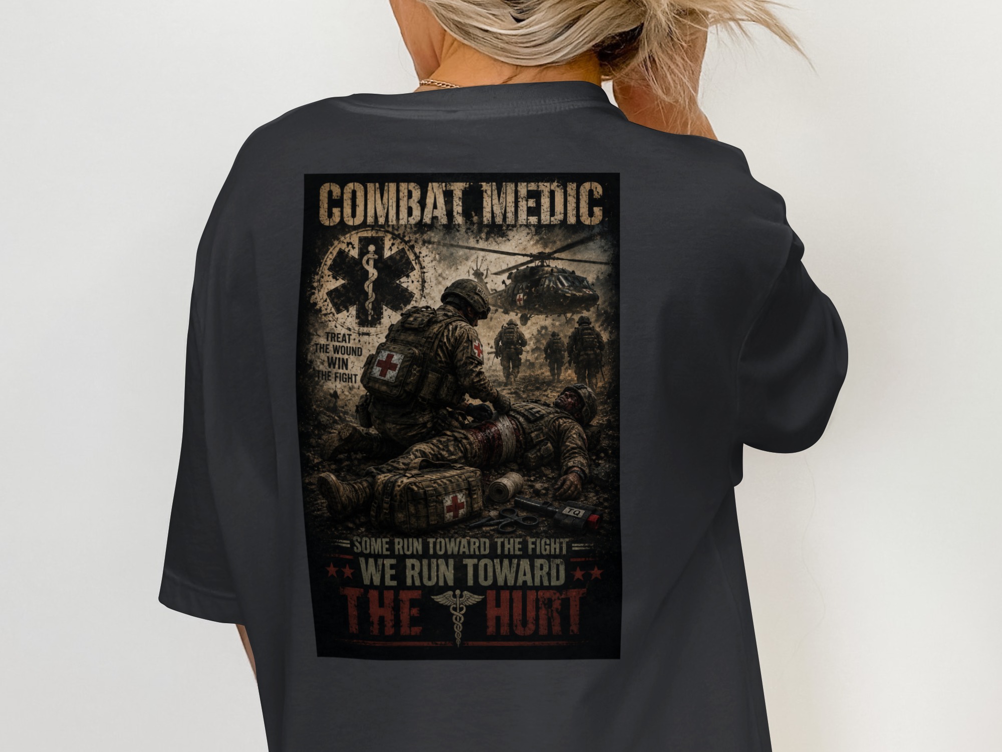 TITLE Combat Medic T-Shirt, We Run Toward the Hurt, Army 68W Military Medic Shirt, Veteran Tactical Medical Gift, Star of Life Graphic Tee - Image 3