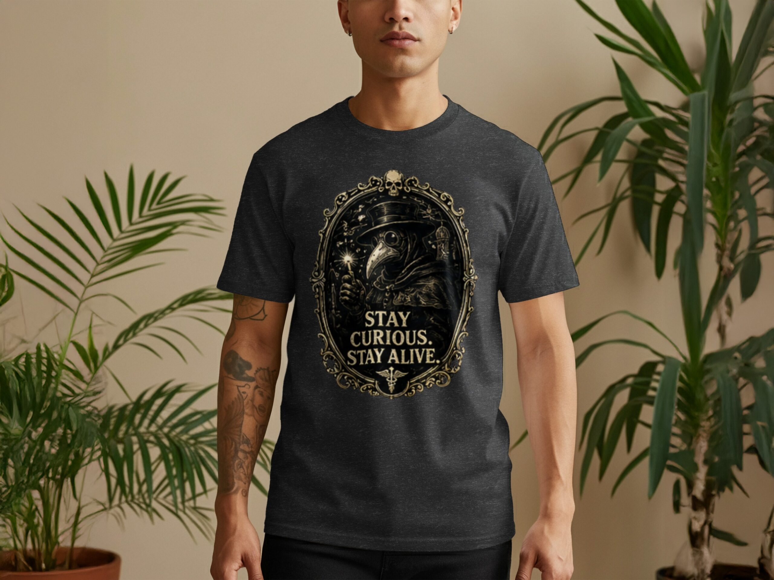 Plague Doctor 'Stay Curious' Gothic Renaissance T-Shirt, Dark Academia Aesthetic Medical Tee Gift - Image 10