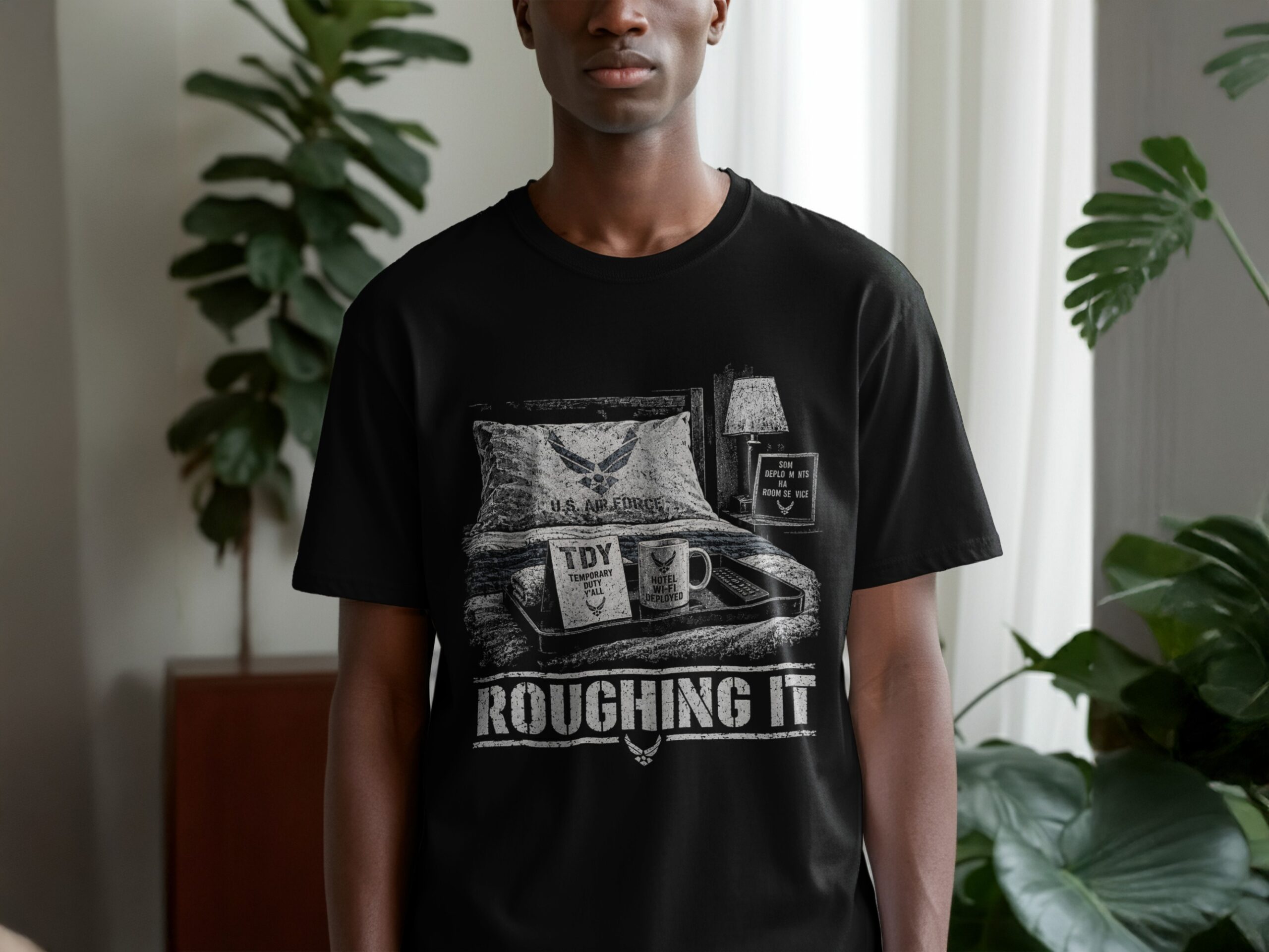 Funny Air Force T-Shirt, Military Humor Roughing It TDY Joke Graphic Tee, Sarcastic Airman Veteran Gift, Aviation Chair Force Shirt - Image 2