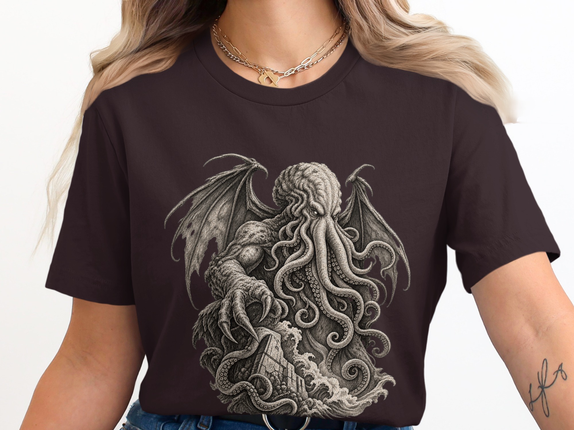 Cthulhu Lovecraftian Horror T-Shirt, Dark Academia Gothic Mythos Tentacle Monster Graphic Tee, Eldritch Cosmic Art