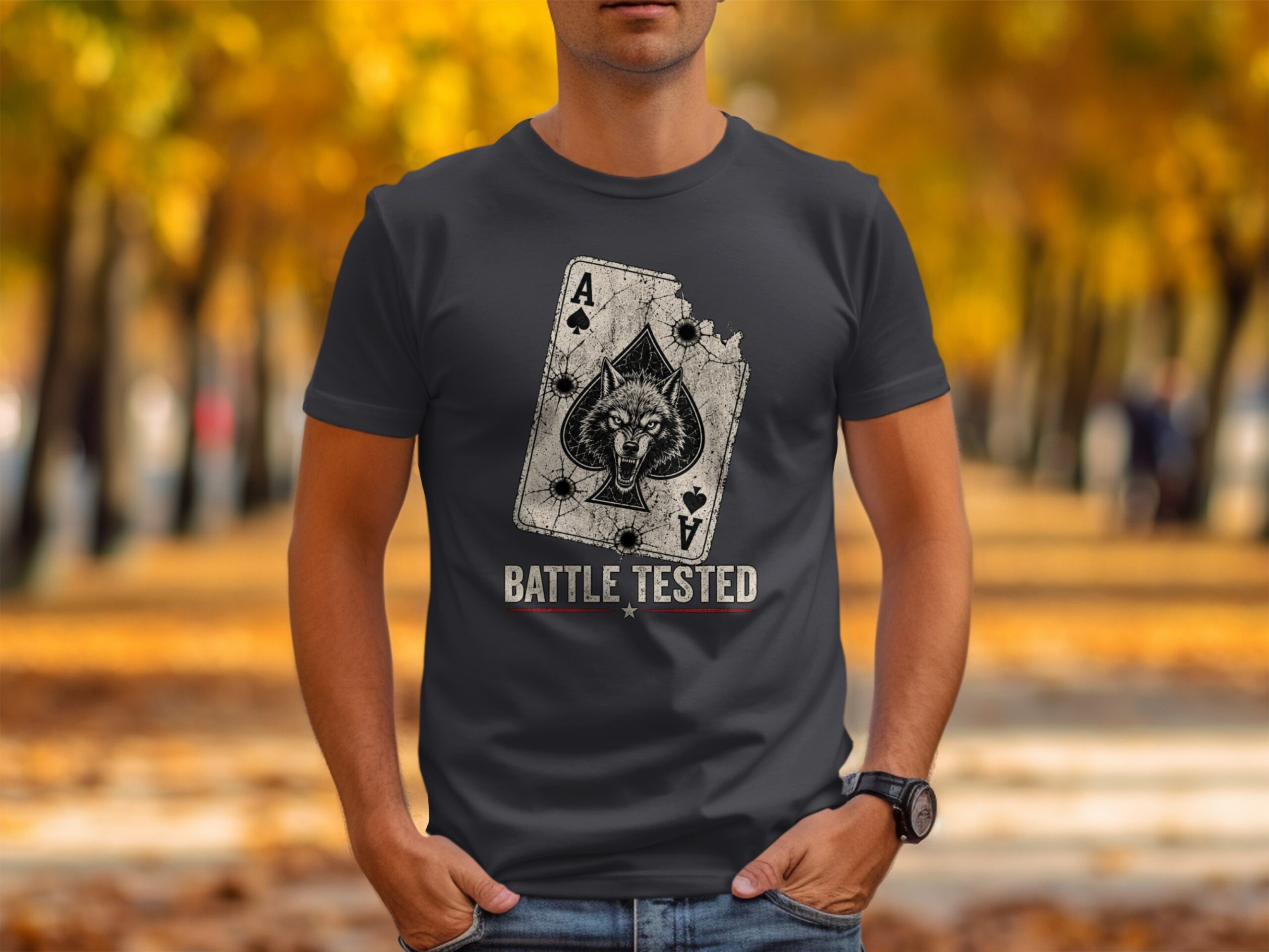 Battle Tested Wolf Ace of Spades T-Shirt, Distressed Grunge Tactical Biker Graphic Tee, Edgy Streetwear Gift For Him Poker Card - Image 14