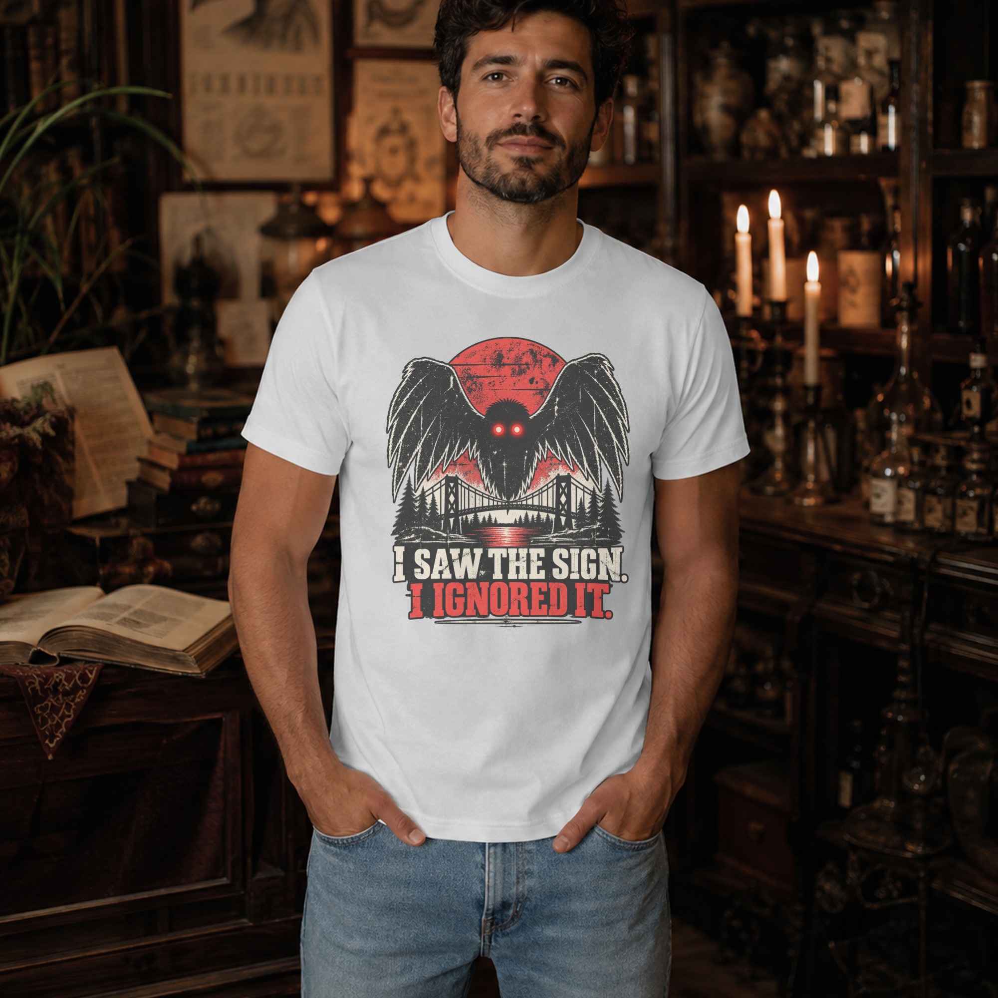 Mothman T-Shirt Funny Cryptid Graphic Tee, Retro Vintage Horror Shirt, I Saw The Sign Paranormal Dark Humor Streetwear Gift - Image 14