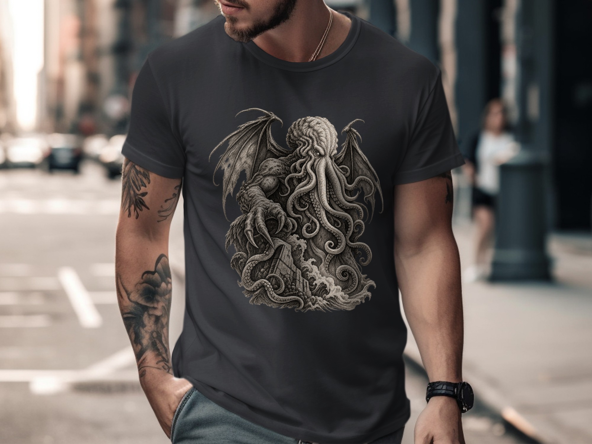 Cthulhu Lovecraftian Horror T-Shirt, Dark Academia Gothic Mythos Tentacle Monster Graphic Tee, Eldritch Cosmic Art - Image 14