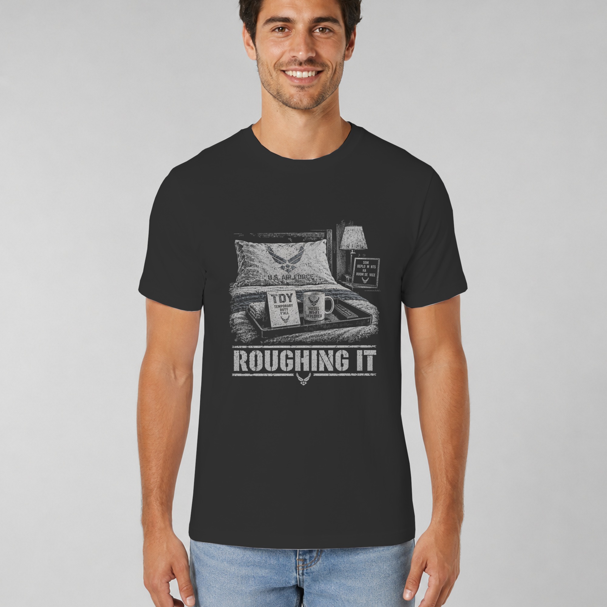 Funny Air Force T-Shirt, Military Humor Roughing It TDY Joke Graphic Tee, Sarcastic Airman Veteran Gift, Aviation Chair Force Shirt - Image 4