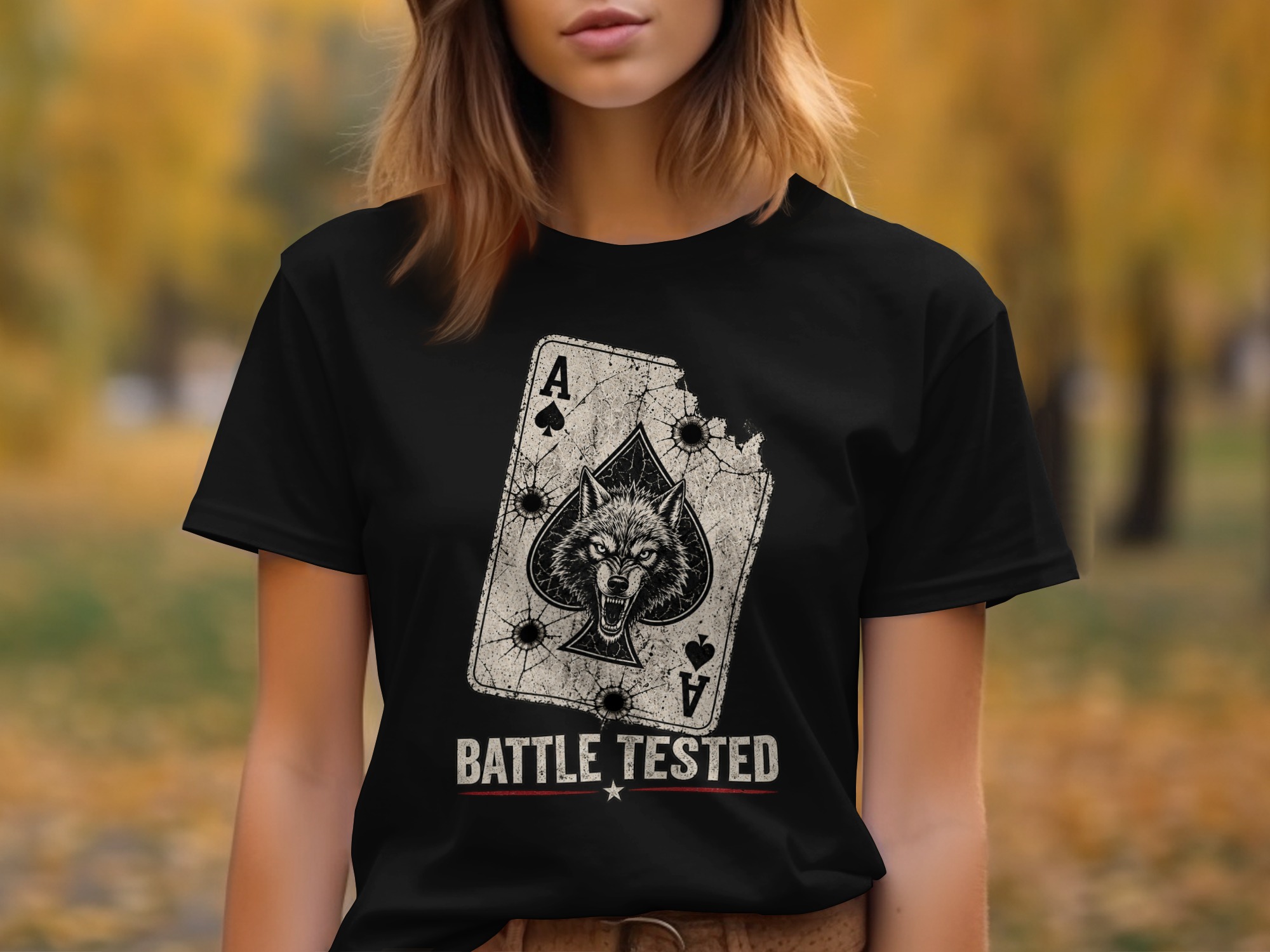 Battle Tested Wolf Ace of Spades T-Shirt, Distressed Grunge Tactical Biker Graphic Tee, Edgy Streetwear Gift For Him Poker Card - Image 8