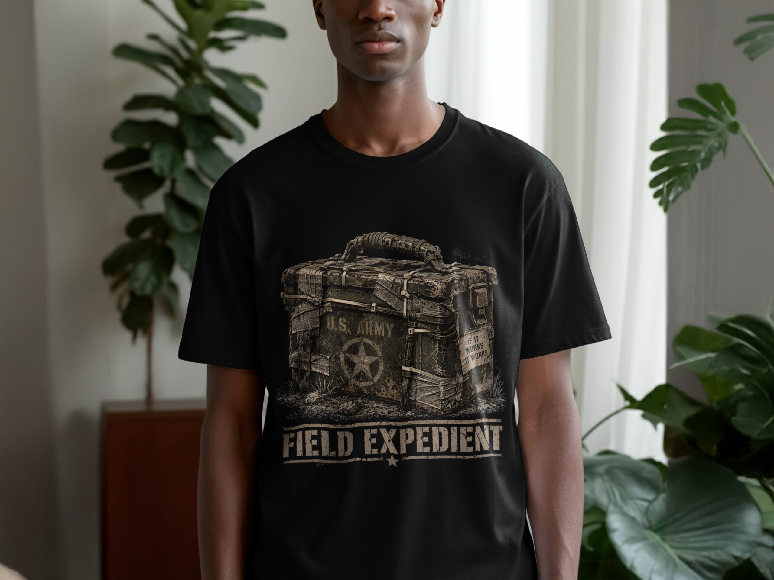 Field Expedient T-Shirt, Funny Military Ammo Box Graphic Tee, Army Veteran Humor Shirt, Vintage Tactical Mechanic Gift for Him, Grunt Tee - Image 2