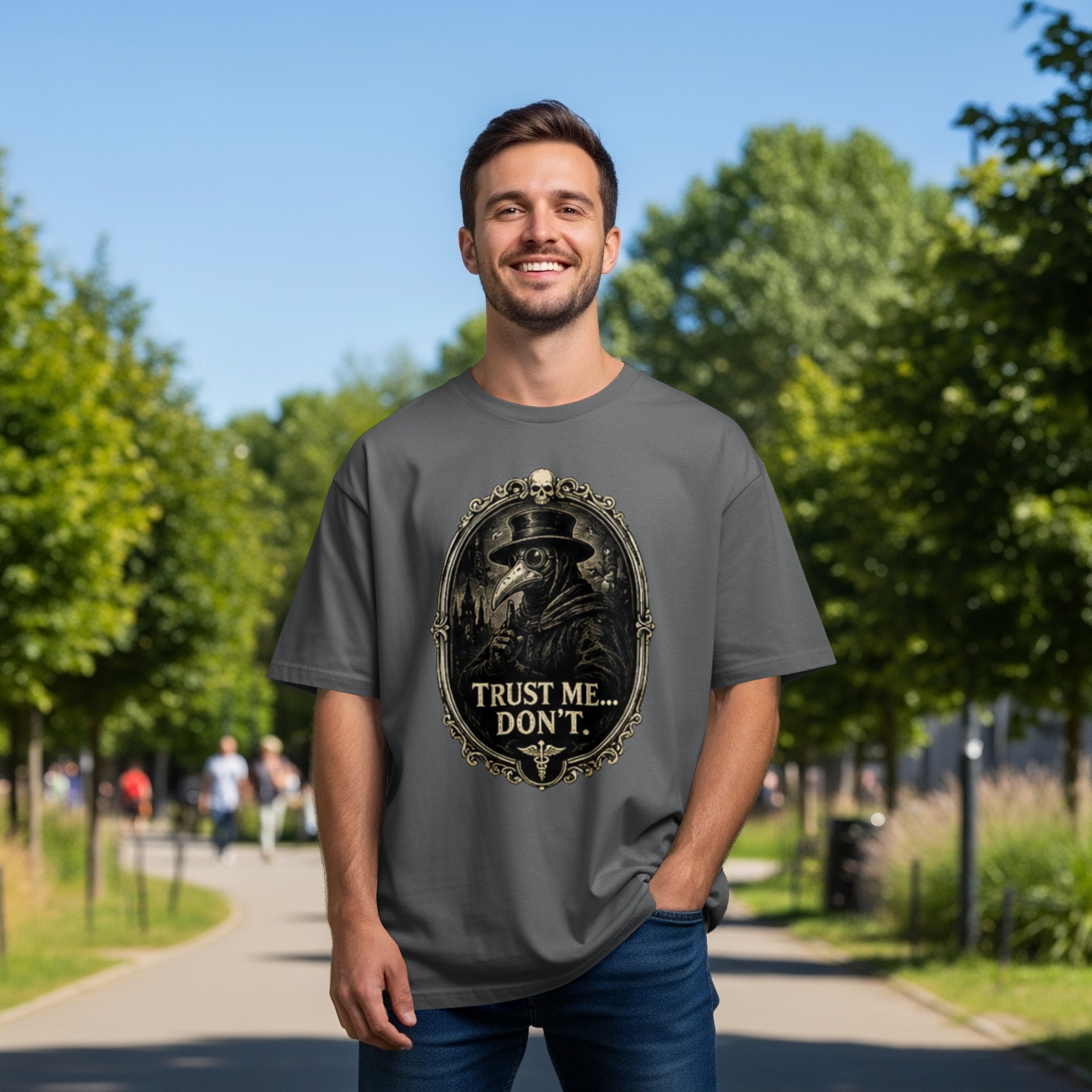 Gothic Plague Doctor 'Trust Me... Don't' T-Shirt, Dark Academia Skull Caduceus Vintage Macabre Humorous Gift Tee - Image 8