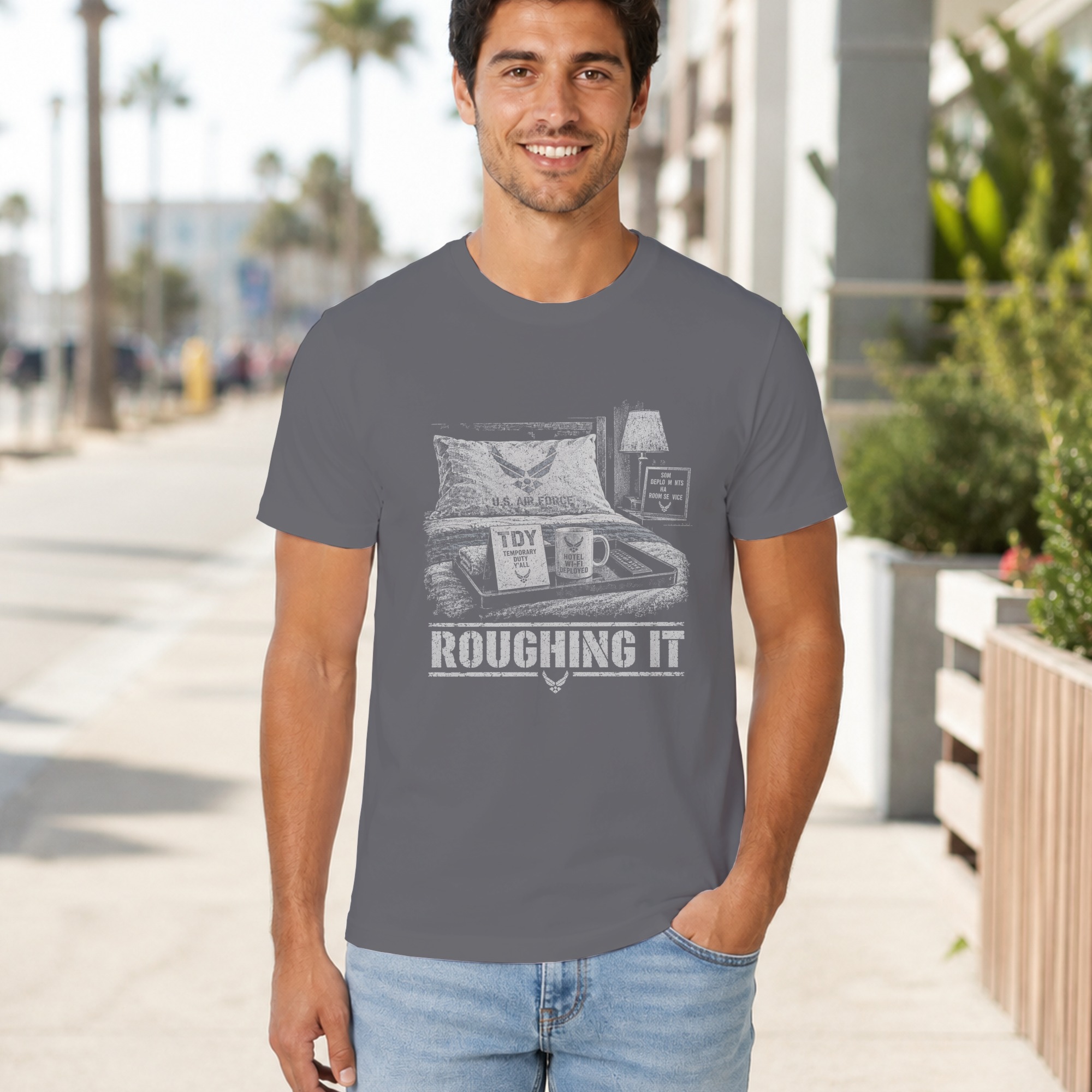 Funny Air Force T-Shirt, Military Humor Roughing It TDY Joke Graphic Tee, Sarcastic Airman Veteran Gift, Aviation Chair Force Shirt - Image 8