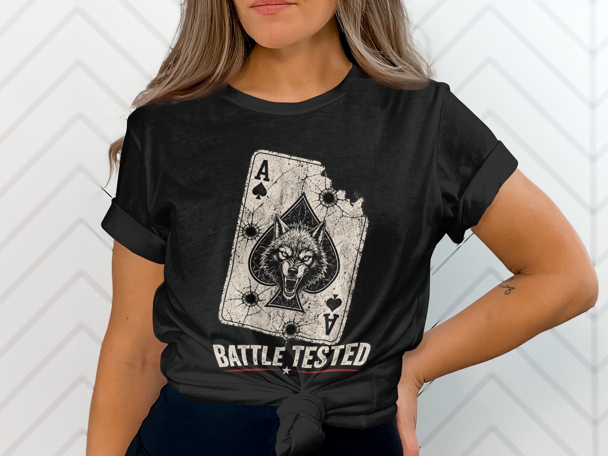 Battle Tested Wolf Ace of Spades T-Shirt, Distressed Grunge Tactical Biker Graphic Tee, Edgy Streetwear Gift For Him Poker Card - Image 9