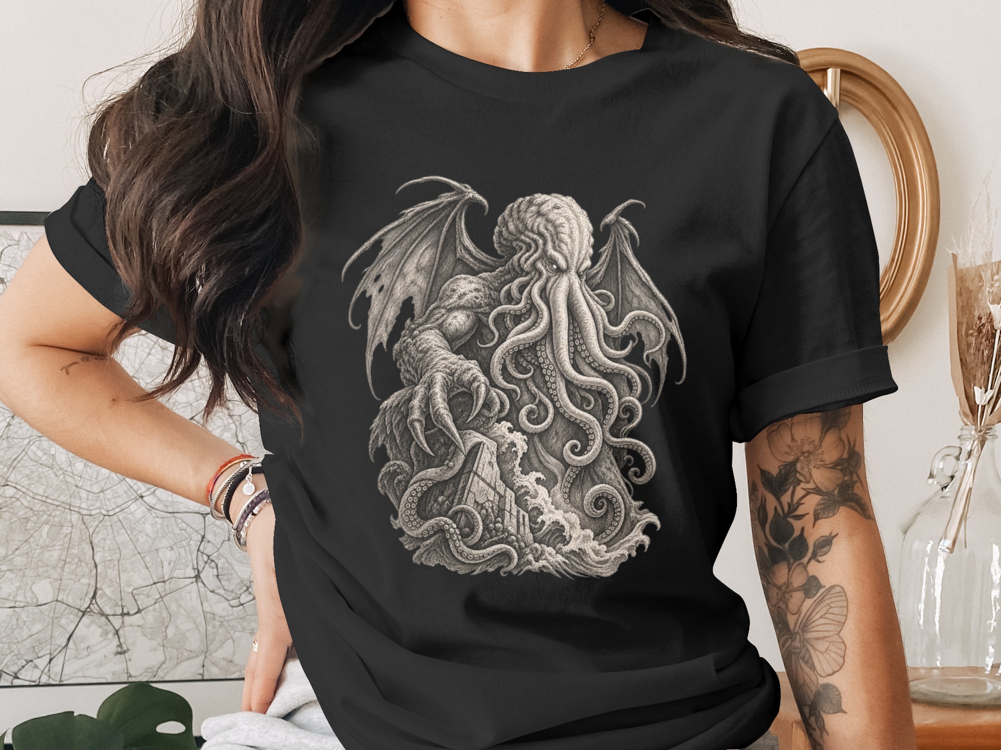 Cthulhu Lovecraftian Horror T-Shirt, Dark Academia Gothic Mythos Tentacle Monster Graphic Tee, Eldritch Cosmic Art - Image 10