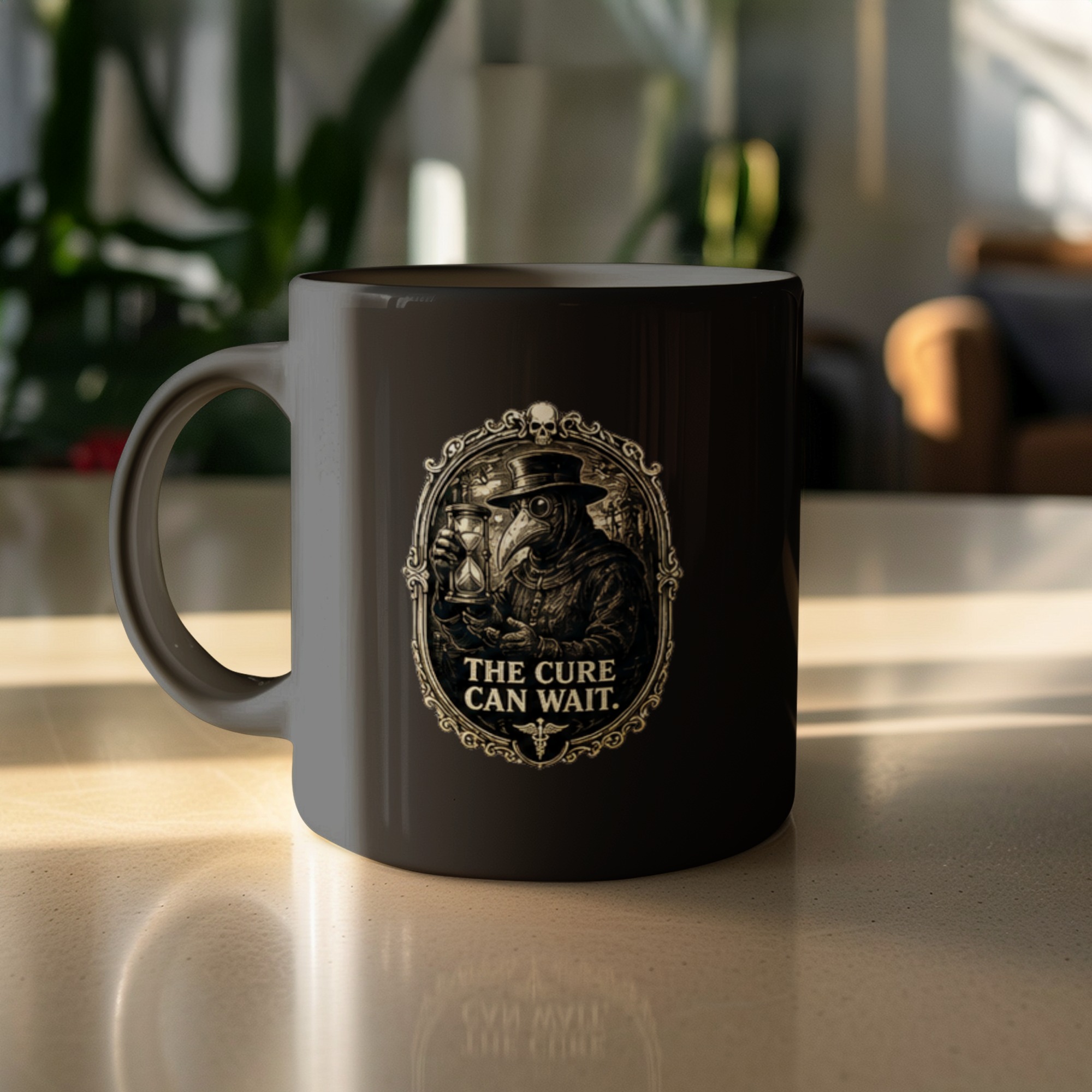 Gothic Plague Doctor Mug 'The Cure Can Wait' | Dark Academia History Coffee Cup, Macabre Medical Gift, Steampunk Art Tea Mug - Image 3