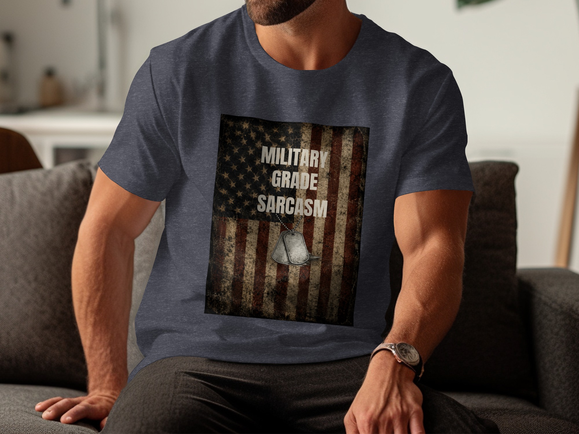 Military Grade Sarcasm T-Shirt, Distressed American Flag Veteran Gift, Patriotic Funny Tee with Faux Dog Tags - Image 5