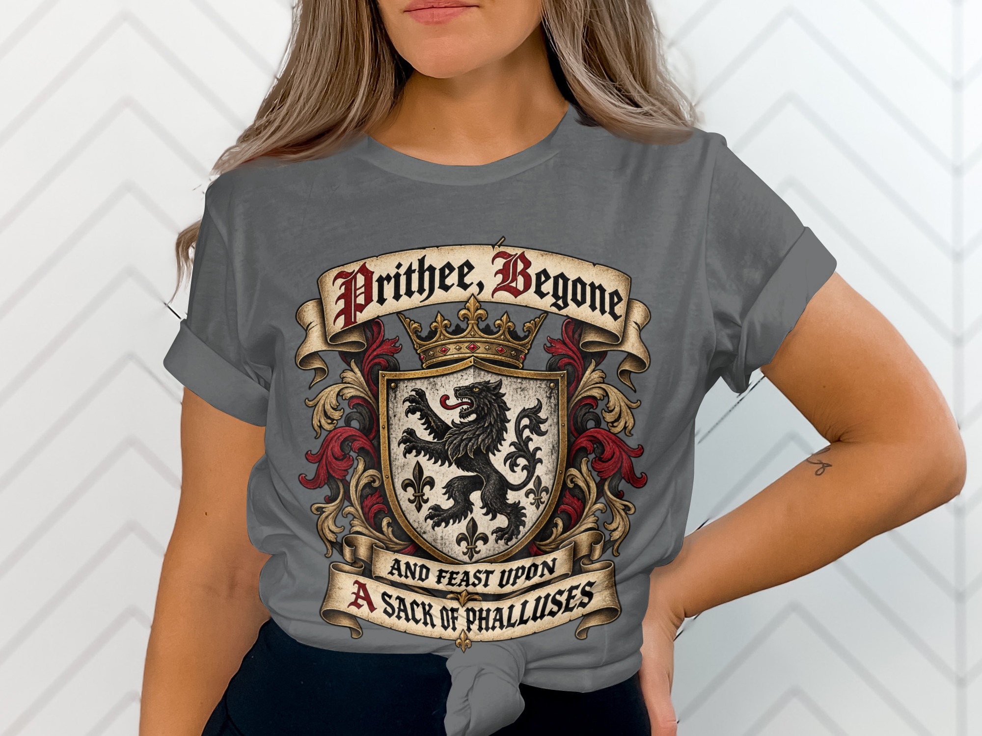 Prithee Begone Shirt Medieval Heraldry Graphic Tee Funny Renaissance Faire Shirt Sarcastic Humor Coat of Arms T-Shirt Gag Gift For Friend - Image 5