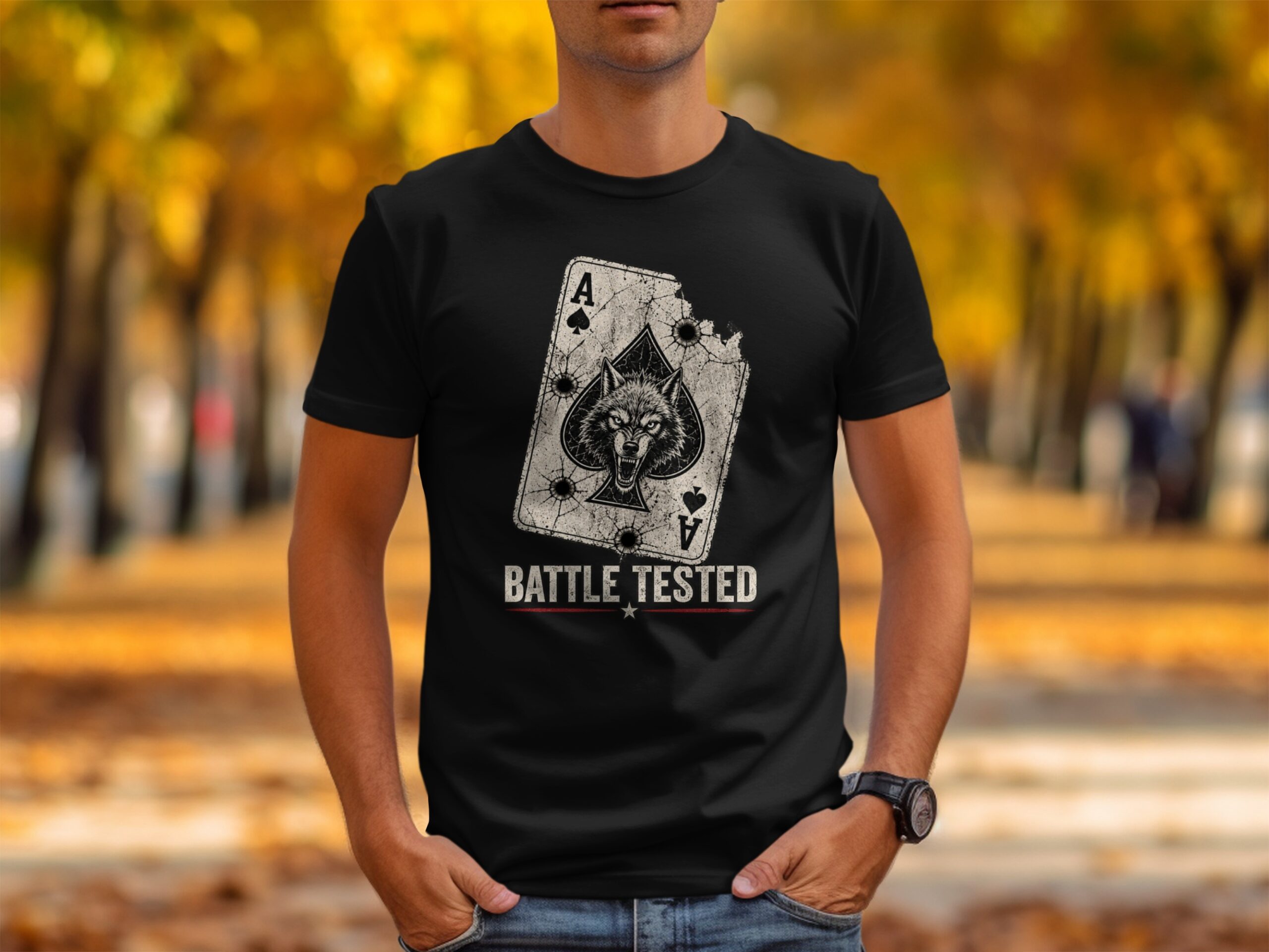 Battle Tested Wolf Ace of Spades T-Shirt, Distressed Grunge Tactical Biker Graphic Tee, Edgy Streetwear Gift For Him Poker Card - Image 7