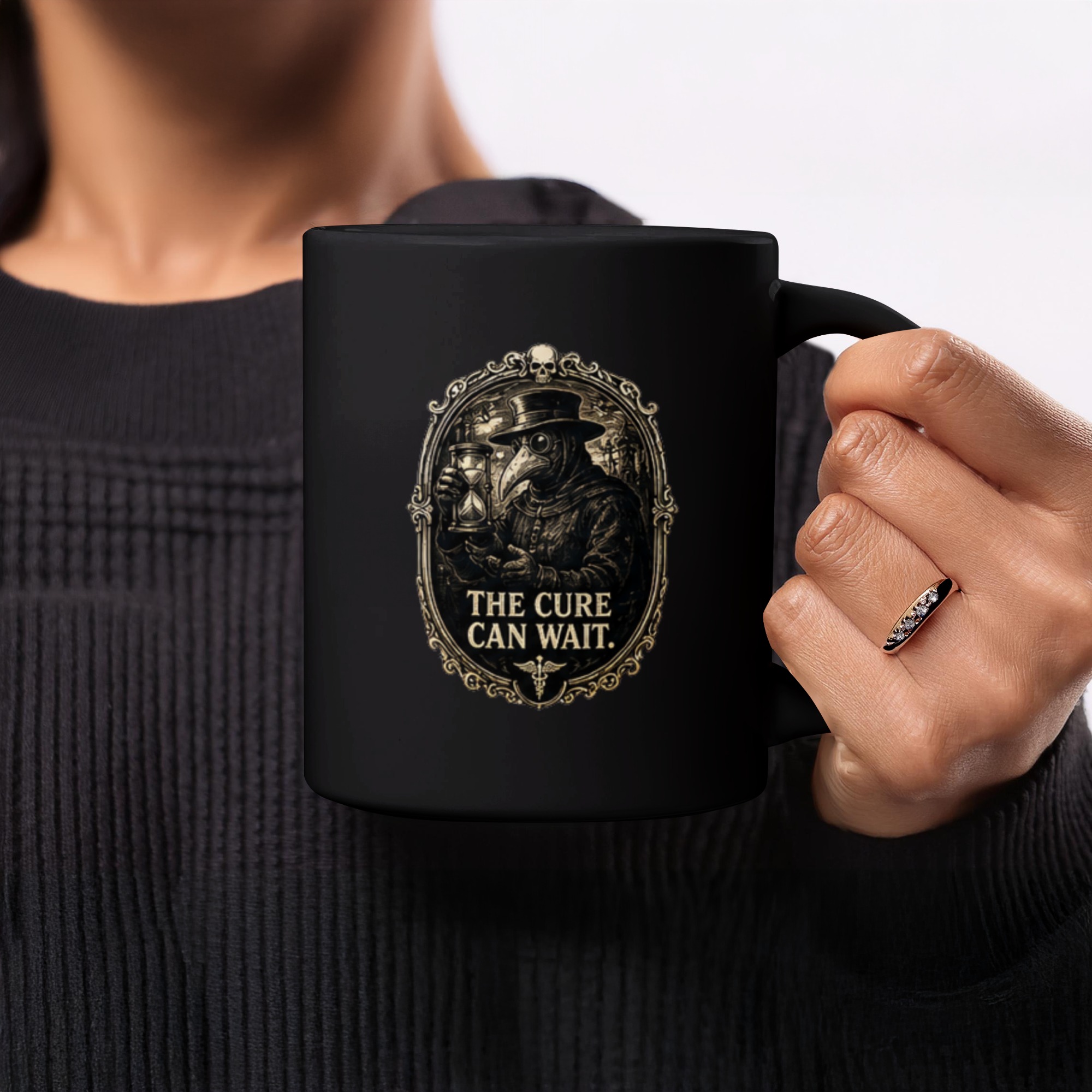 Gothic Plague Doctor Mug 'The Cure Can Wait' | Dark Academia History Coffee Cup, Macabre Medical Gift, Steampunk Art Tea Mug - Image 2