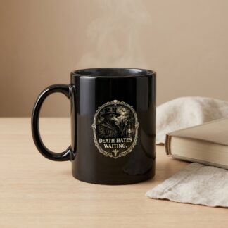 Plague Doctor 'Death Hates Waiting' Mug, Gothic Coffee Cup, Dark Academia Gift, Steampunk Macabre Art Drinkware