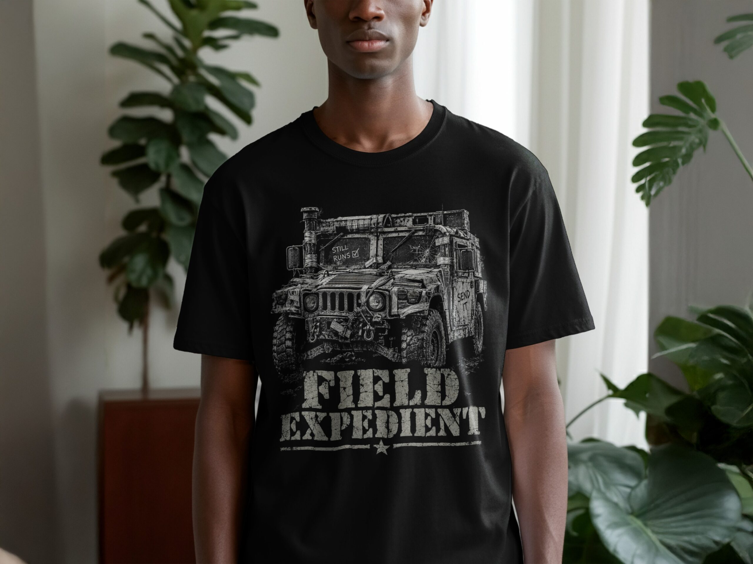 Field Expedient T-Shirt, Vintage Military 4x4 Truck Graphic Tee, Rugged Off Road Overlanding Shirt, Tactical Outdoor Vehicle Gift for Him - Image 2