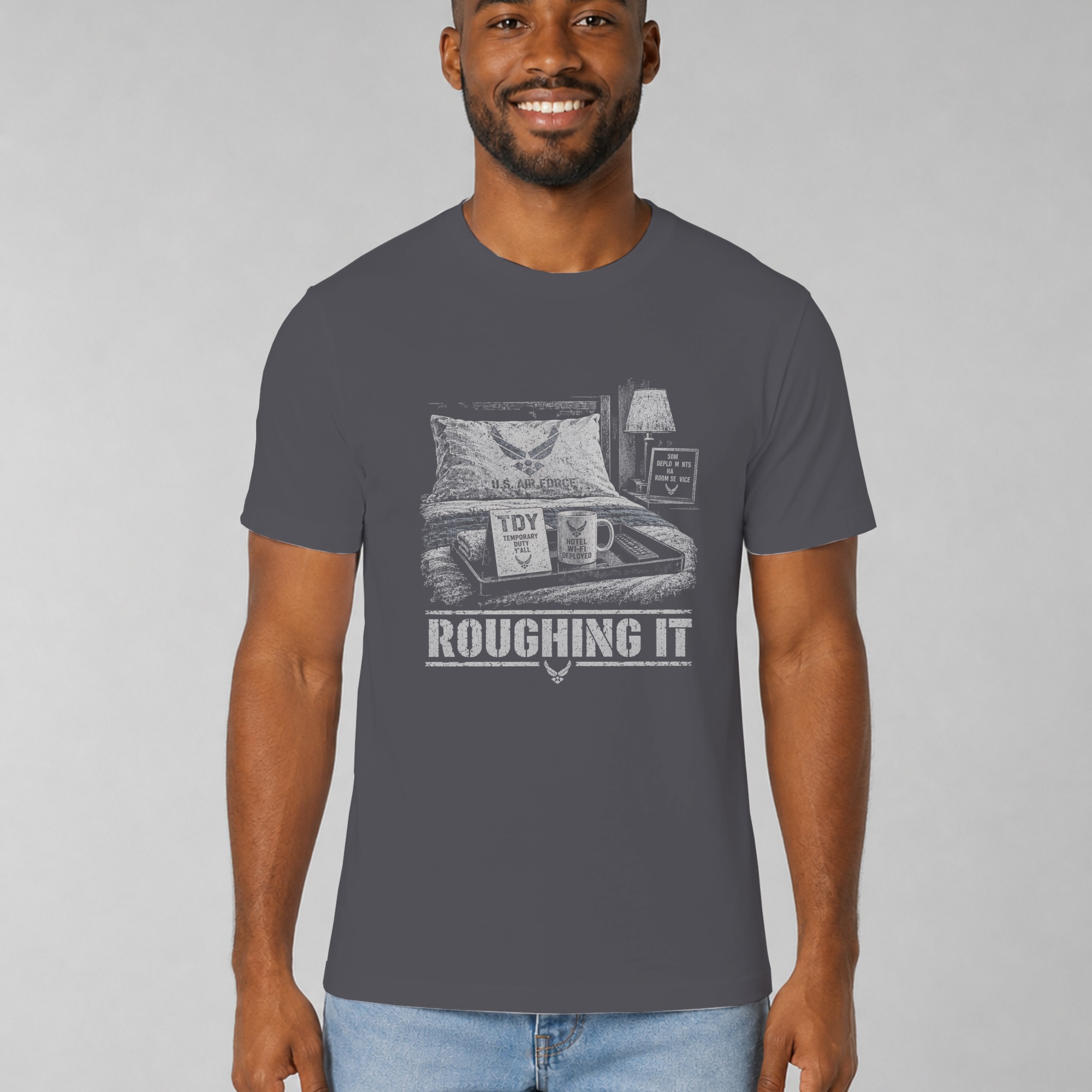 Funny Air Force T-Shirt, Military Humor Roughing It TDY Joke Graphic Tee, Sarcastic Airman Veteran Gift, Aviation Chair Force Shirt - Image 12